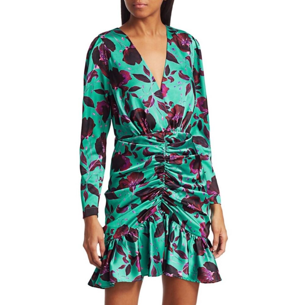 Delfi Collective Toni Teal Green Purple Ruched Skirt Satin Mini Dress M $495